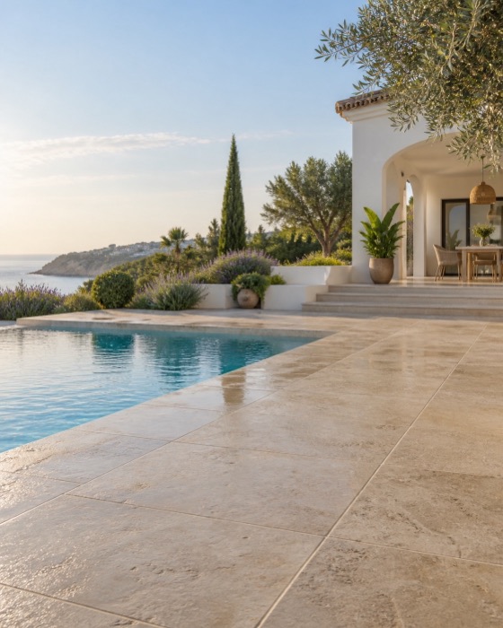 Illustrative clean villa terrace and pool surround