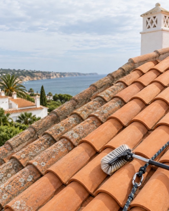 Terracotta roof being carefully cleaned